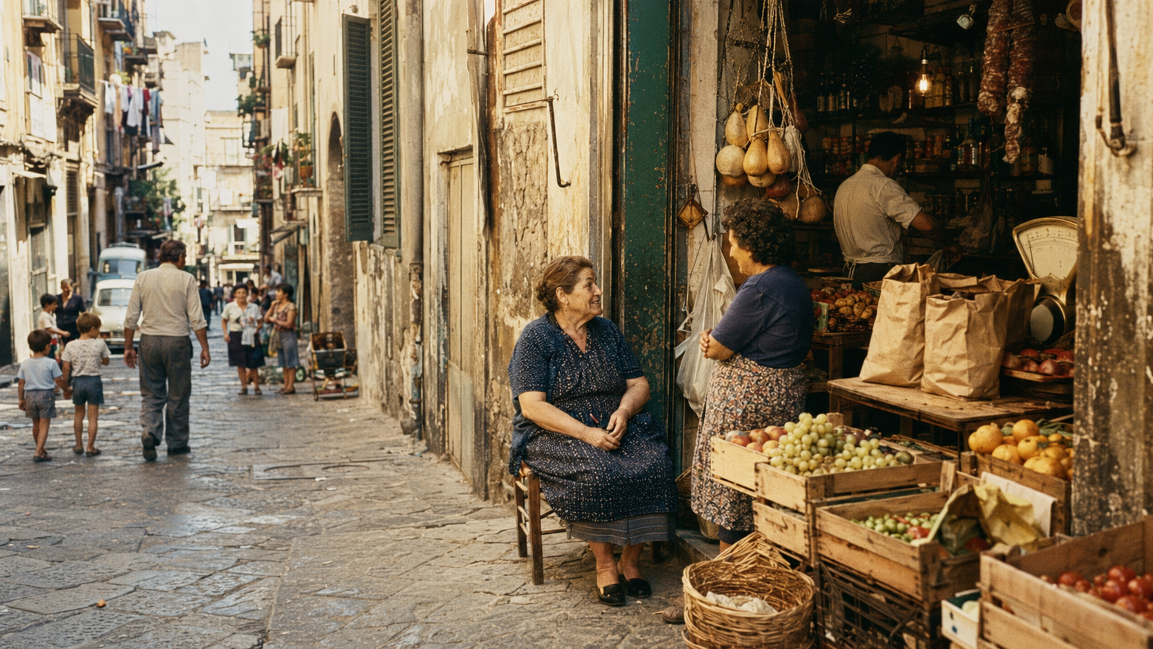 Rue de Naples et devanture d’une bottega italienne dans une ambiance argentique.