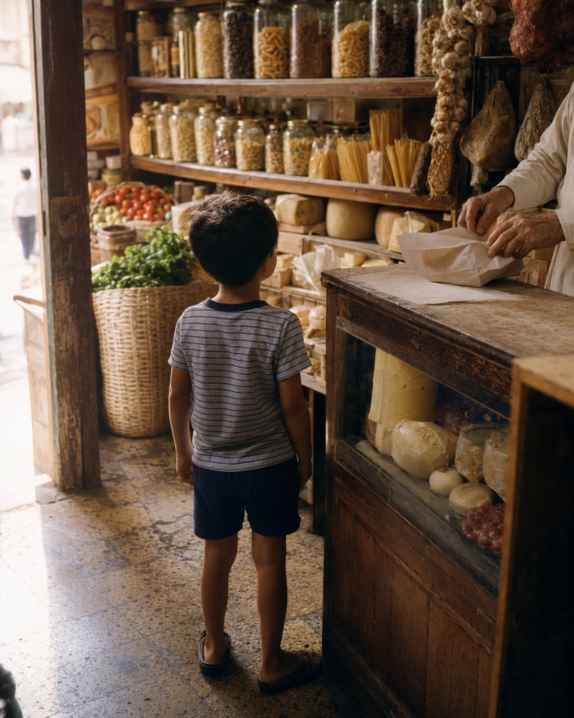 Enfant découvrant les produits d’une bottega de quartier à Naples.