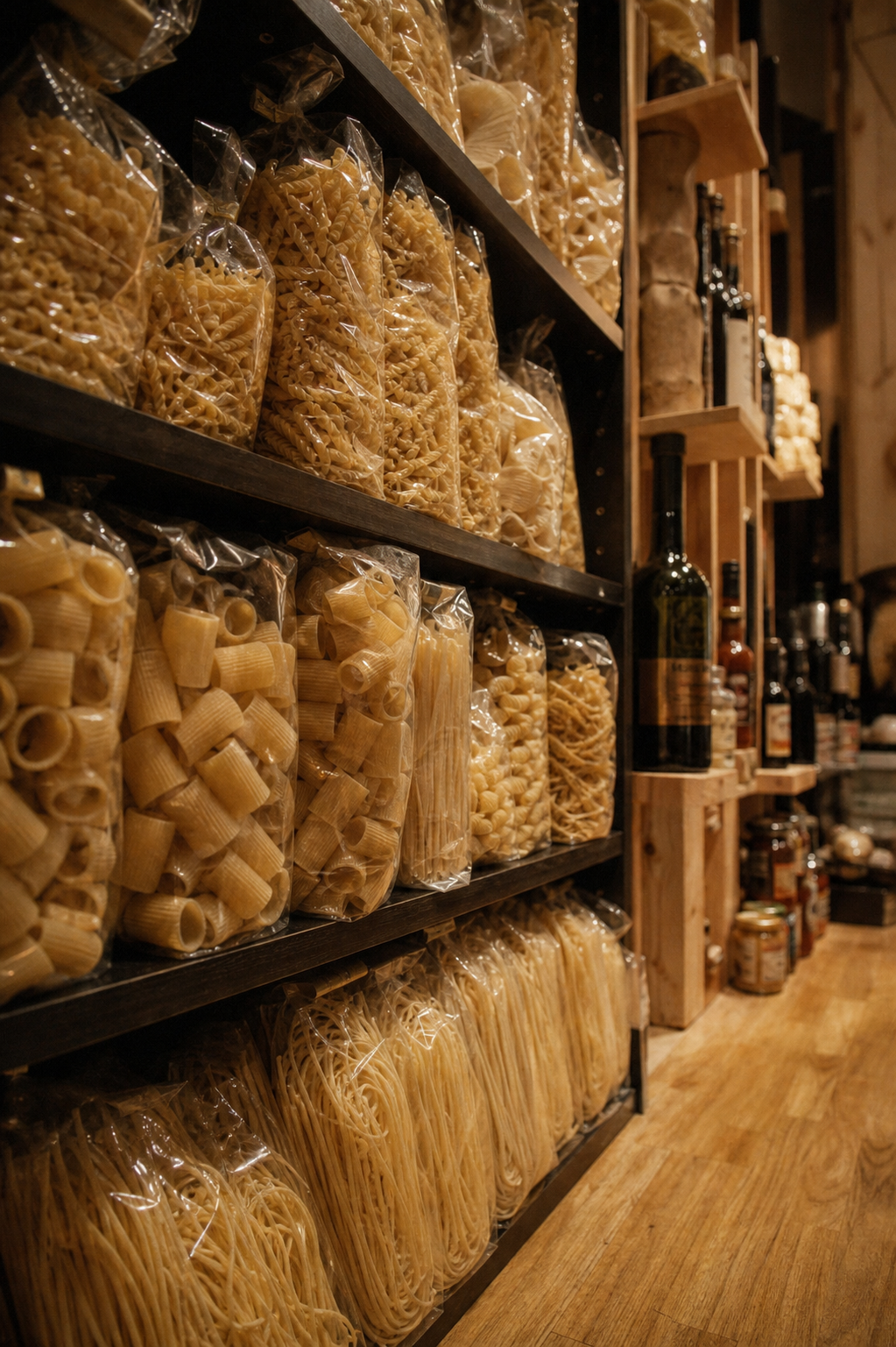 Pâtes italiennes présentées sur les étagères en bois de la bottega