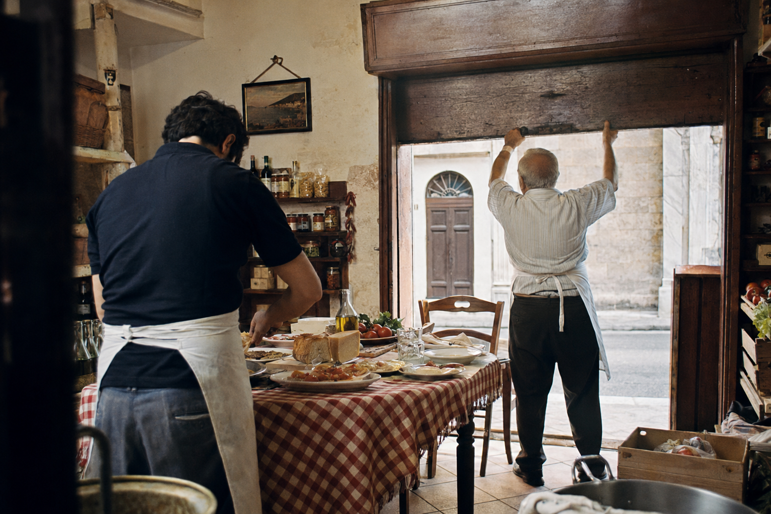 Un père et son fils préparant ensemble l’ouverture d’une trattoria et d’une bottega italiennes.