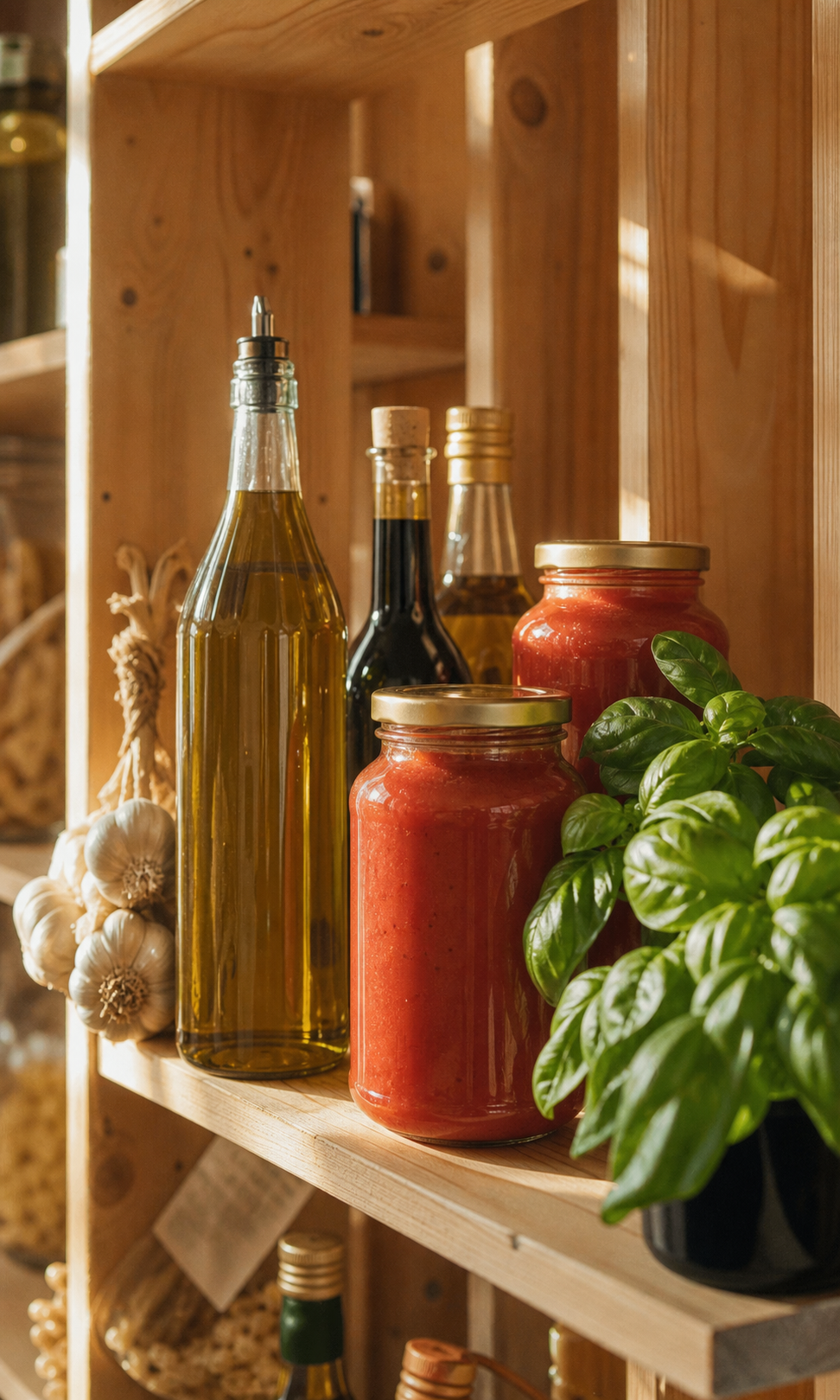 Huiles italiennes, tomates et basilic dans l’épicerie