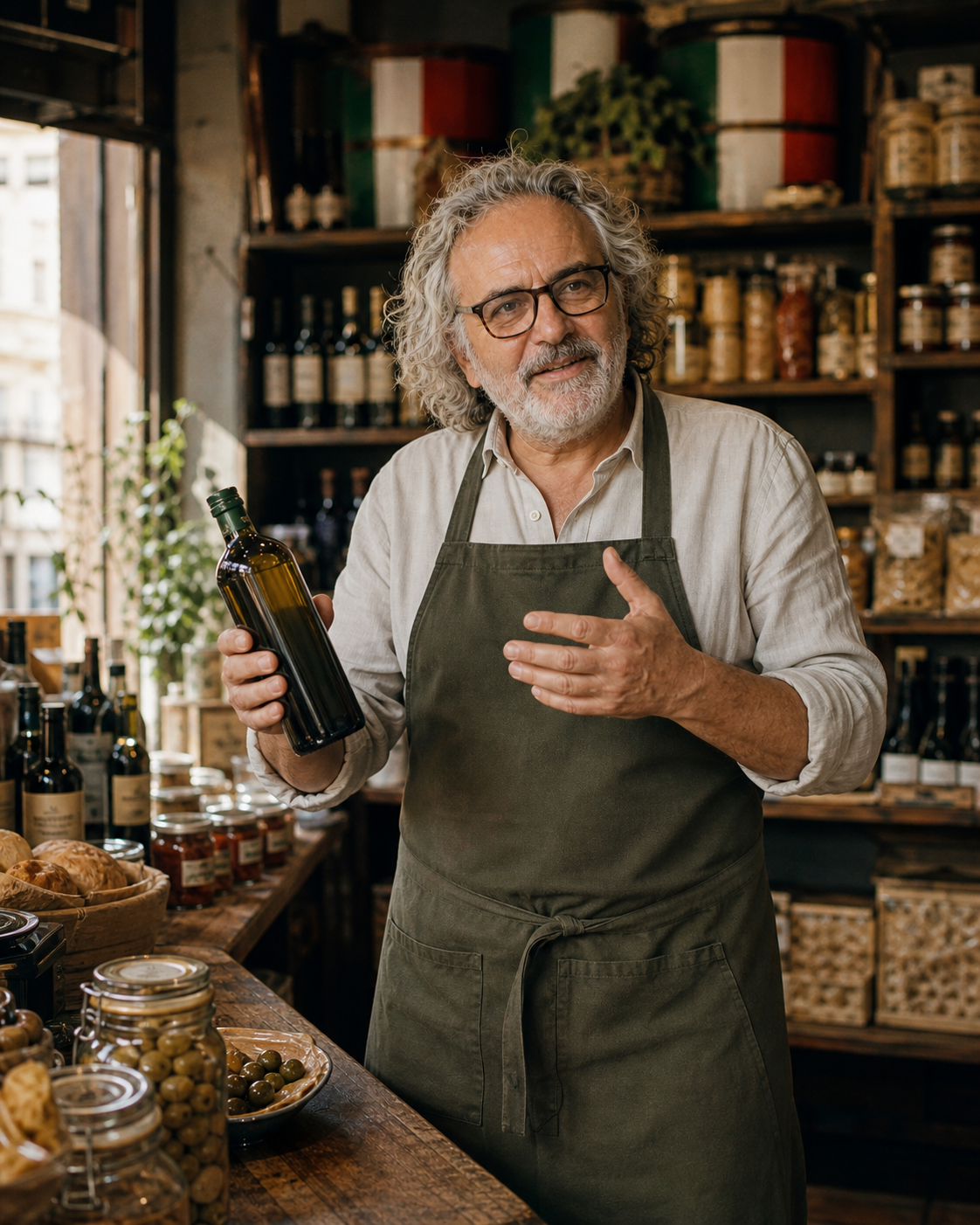 Antonio Esposito présente une huile italienne sélectionnée dans sa Bottega à Marseille.
