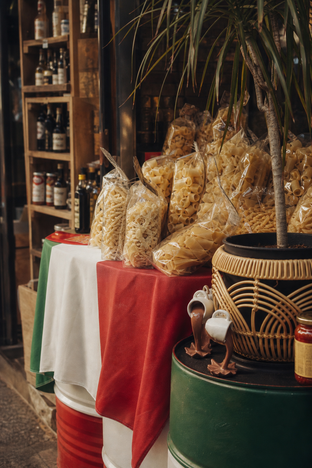 Pâtes italiennes présentées sur les tonneaux tricolores de la bottega