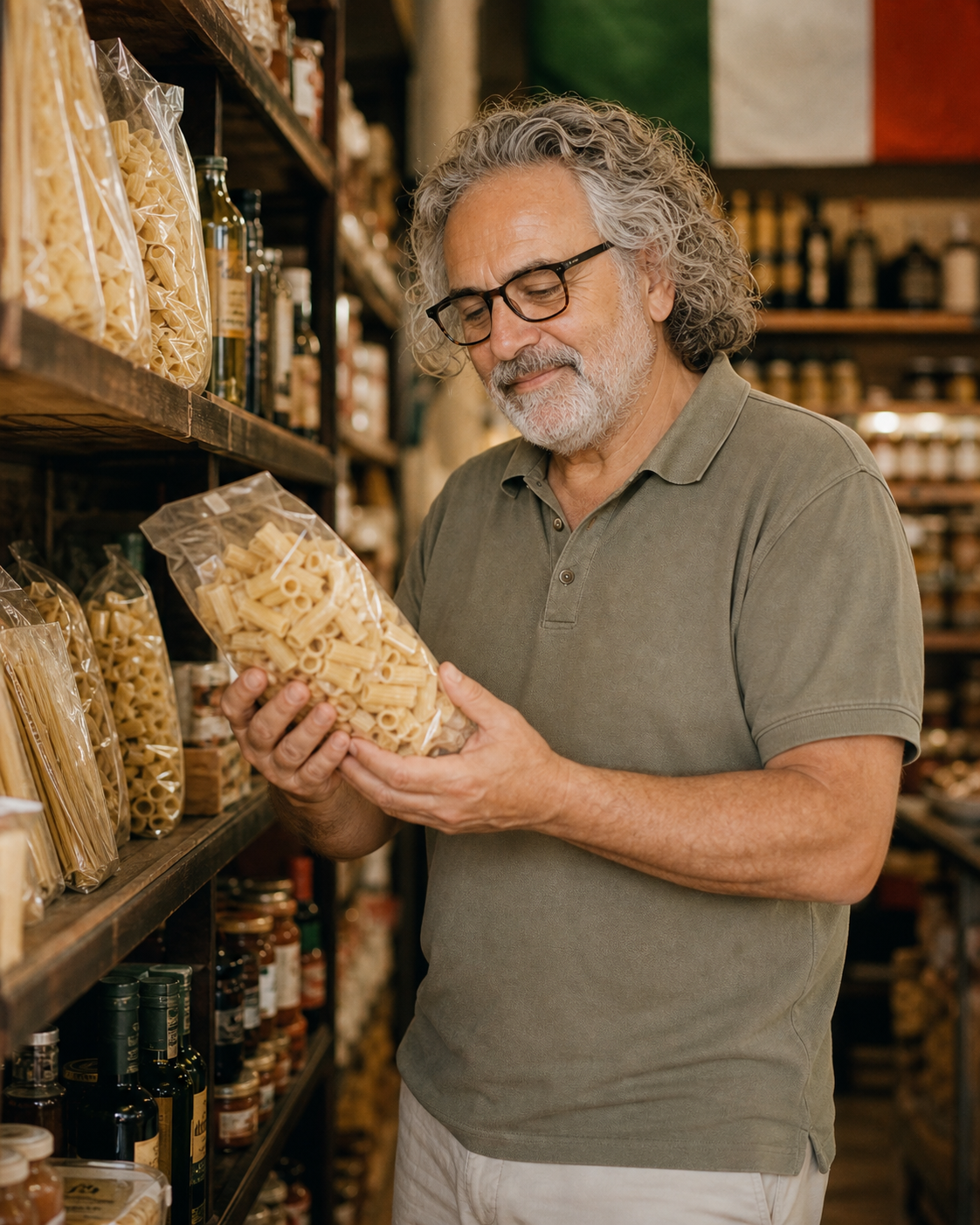 Antonio Esposito choisit des pâtes italiennes dans les étagères de sa Bottega