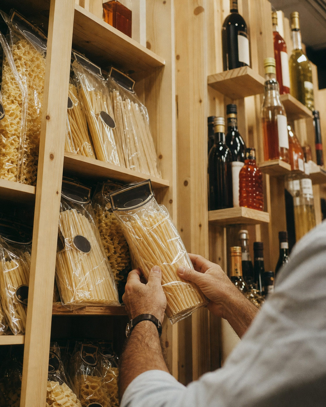 Antonio choisit des pâtes italiennes dans les étagères de la bottega