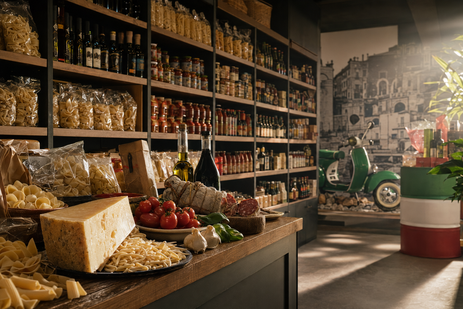 Rayons de l’épicerie italienne, pâtes, huiles, fromages et charcuteries