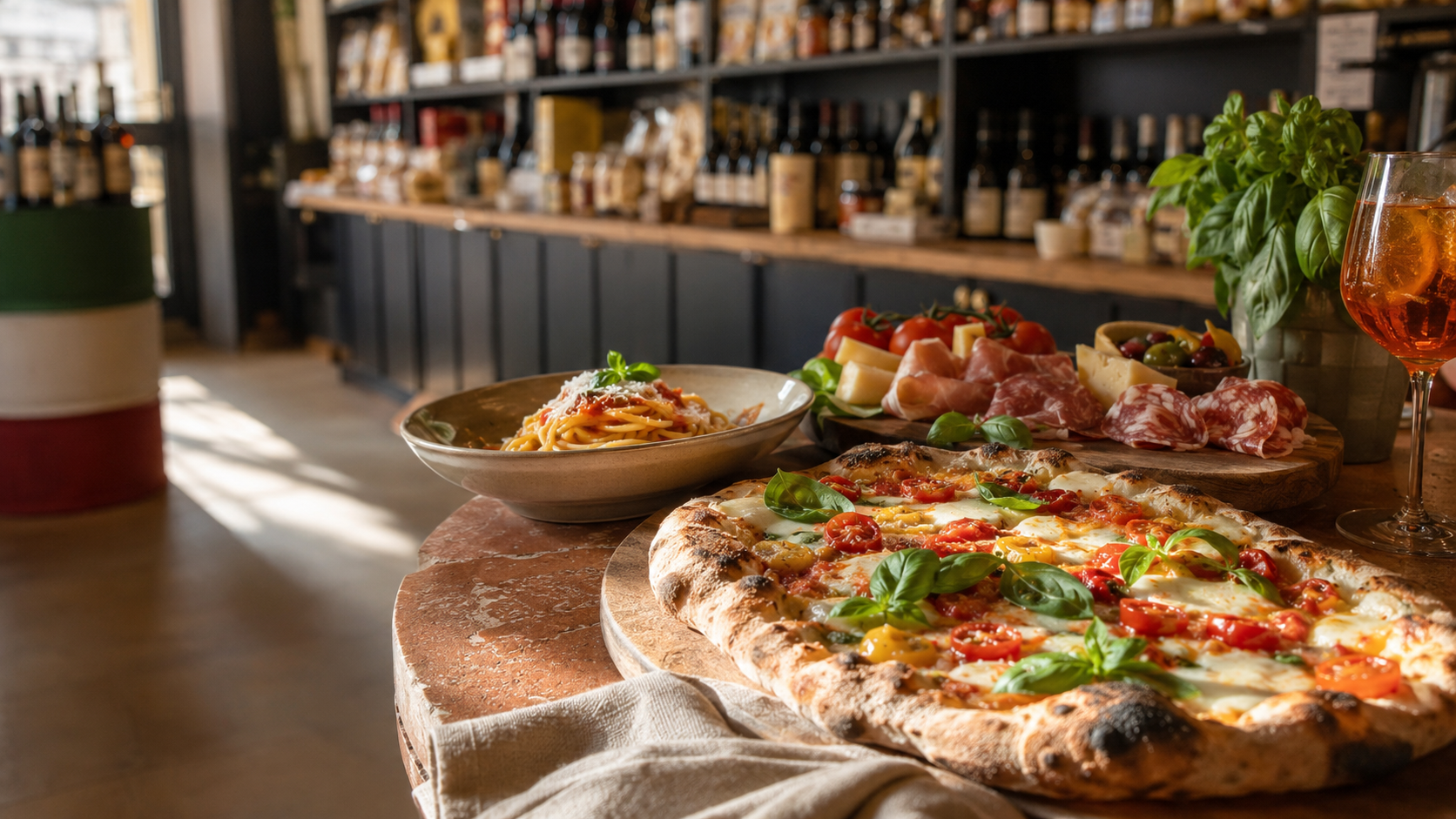 Pinsa, pasta, antipasti et aperitivo présentés dans la bottega VIA NAPOLI 19