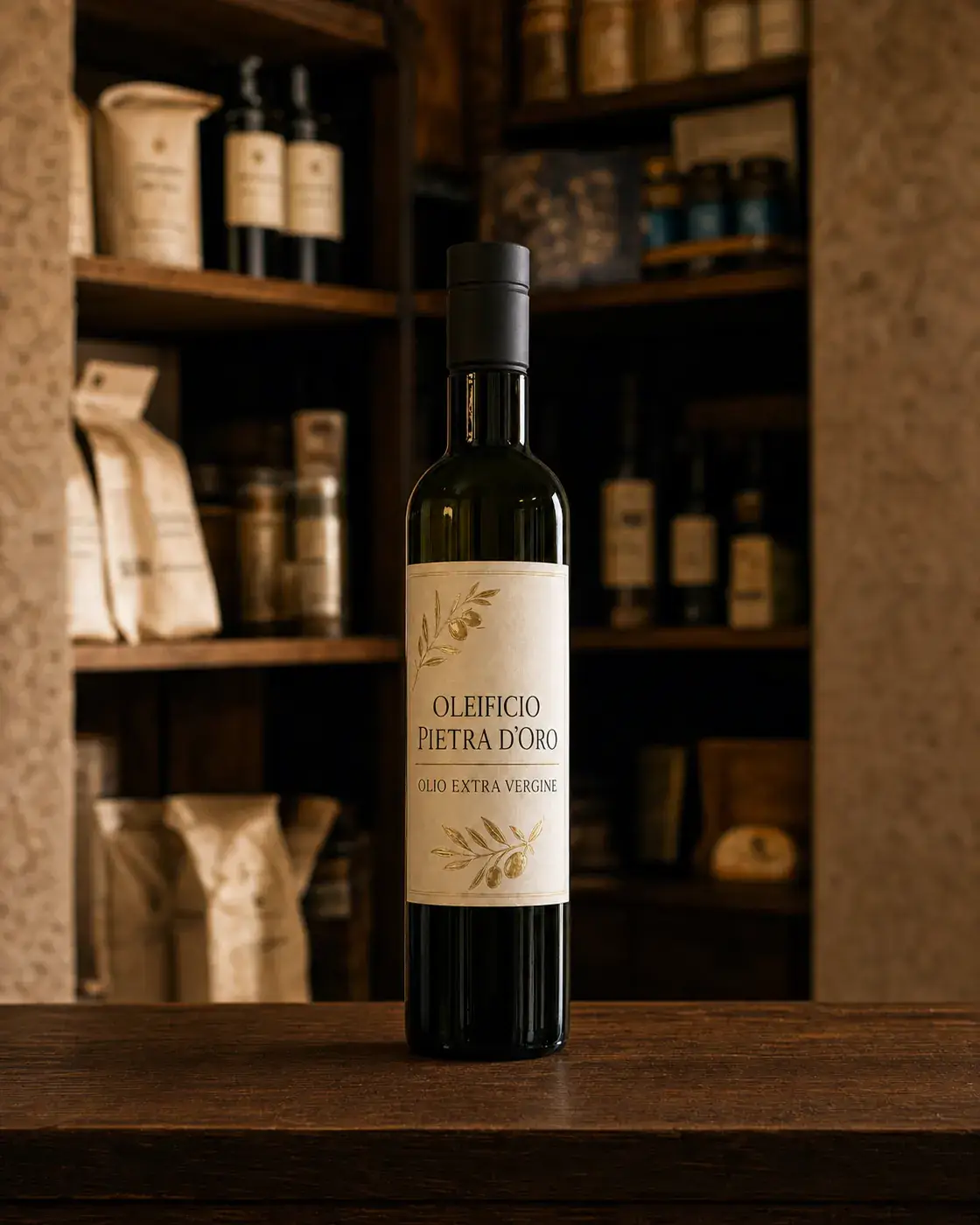 Olio Extra Vergine de la marque fictive Oleificio Pietra d’Oro, vue principale