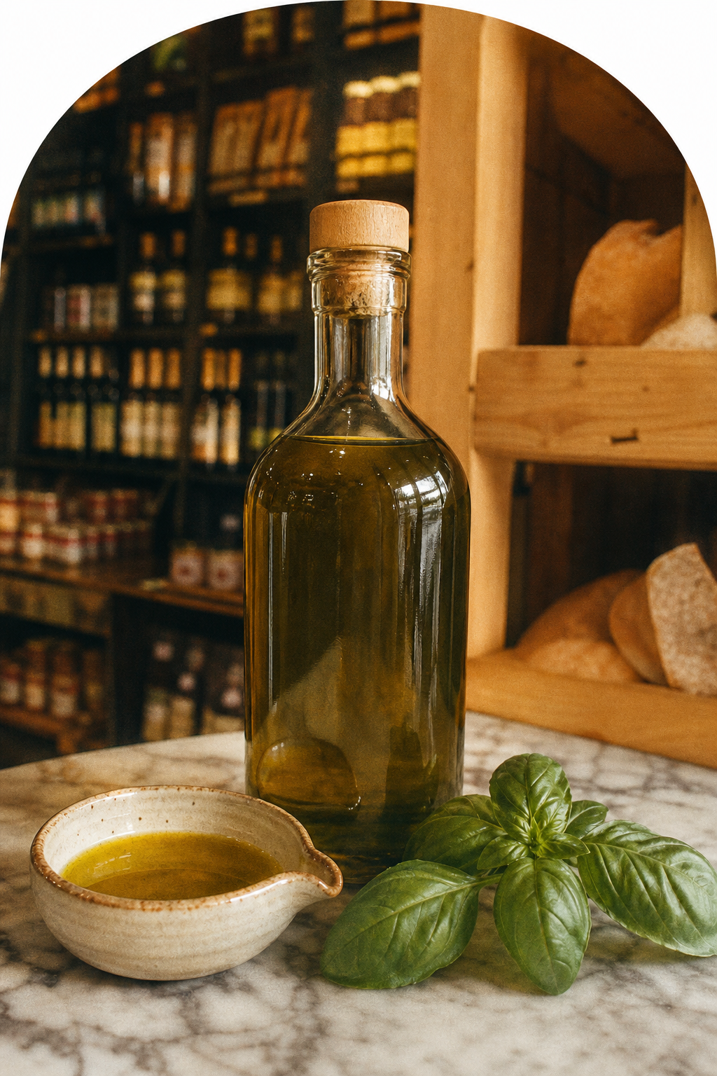 Gros plan sur une huile d’olive de la bottega