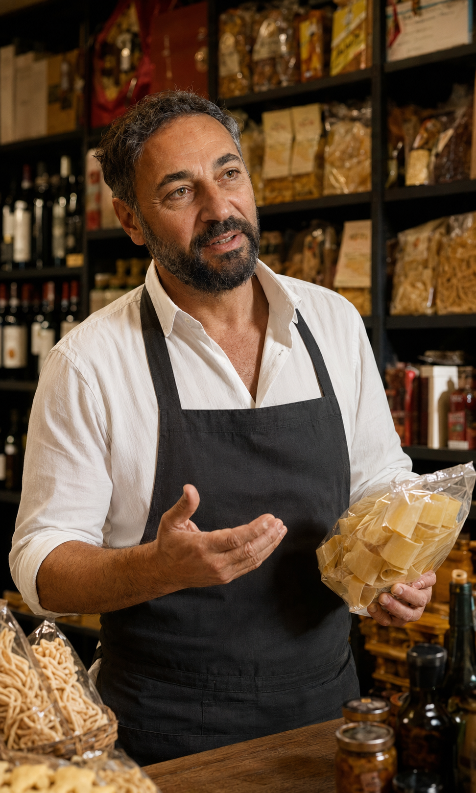 Portrait conceptuel d’Antonio Esposito dans son épicerie italienne