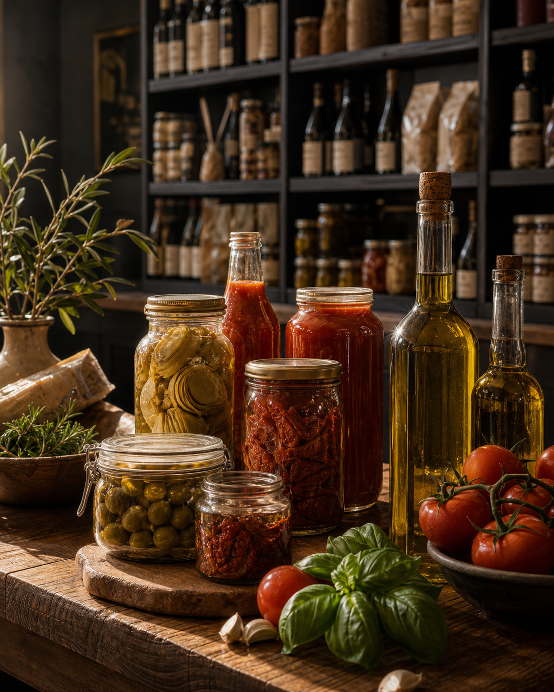 Sauces, huiles & conserves présentés dans l’épicerie VIA NAPOLI 19