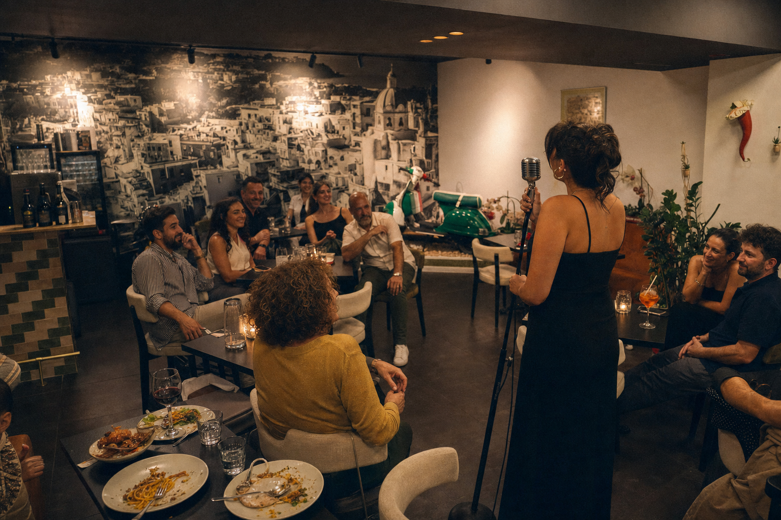 Soirée karaoké conviviale chez VIA NAPOLI 19, autour des tables et de la Vespa