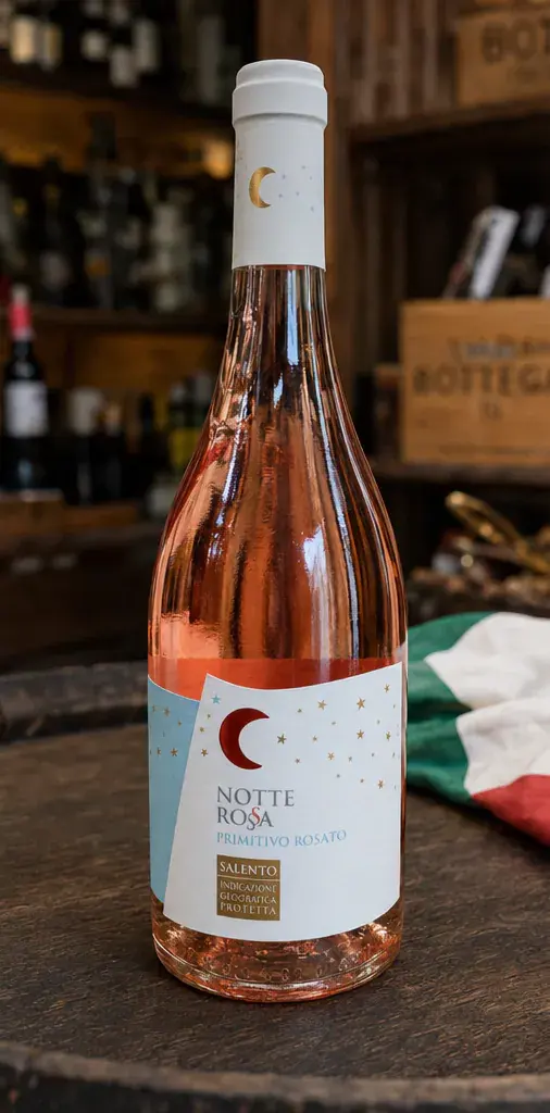 Notte Rossa Primitivo Rosato Salento IGP 2025, plan large de face