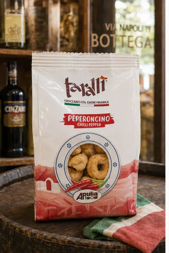Tarallì Peperoncino, plan large de face