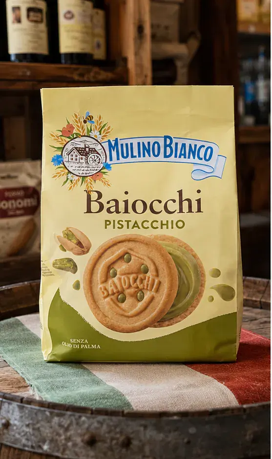 Mulino Bianco Baiocchi Pistacchio, plan large de face